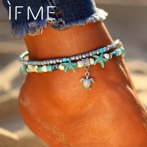 IF ME Bohemian Multiple Layers Starfish Turtle Beads Anklets For Women Vintage Boho Shell Chain Anklet Bracelet Beach Jewelry