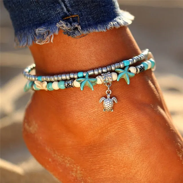 IF ME Bohemian Multiple Layers Starfish Turtle Beads Anklets For Women Vintage Boho Shell Chain Anklet Bracelet Beach Jewelry