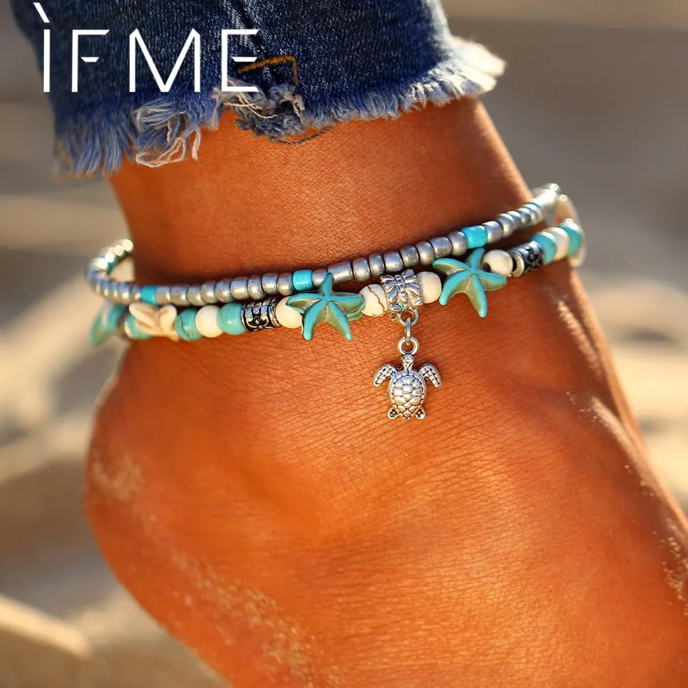 IF ME Bohemian Multiple Layers Starfish Turtle Beads Anklets For Women Vintage Boho Shell Chain Anklet Bracelet Beach Jewelry