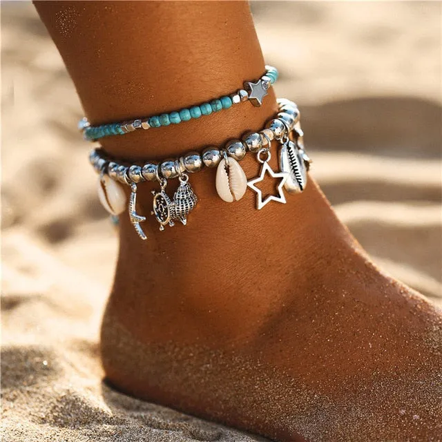 IF ME Bohemian Multiple Layers Starfish Turtle Beads Anklets For Women Vintage Boho Shell Chain Anklet Bracelet Beach Jewelry