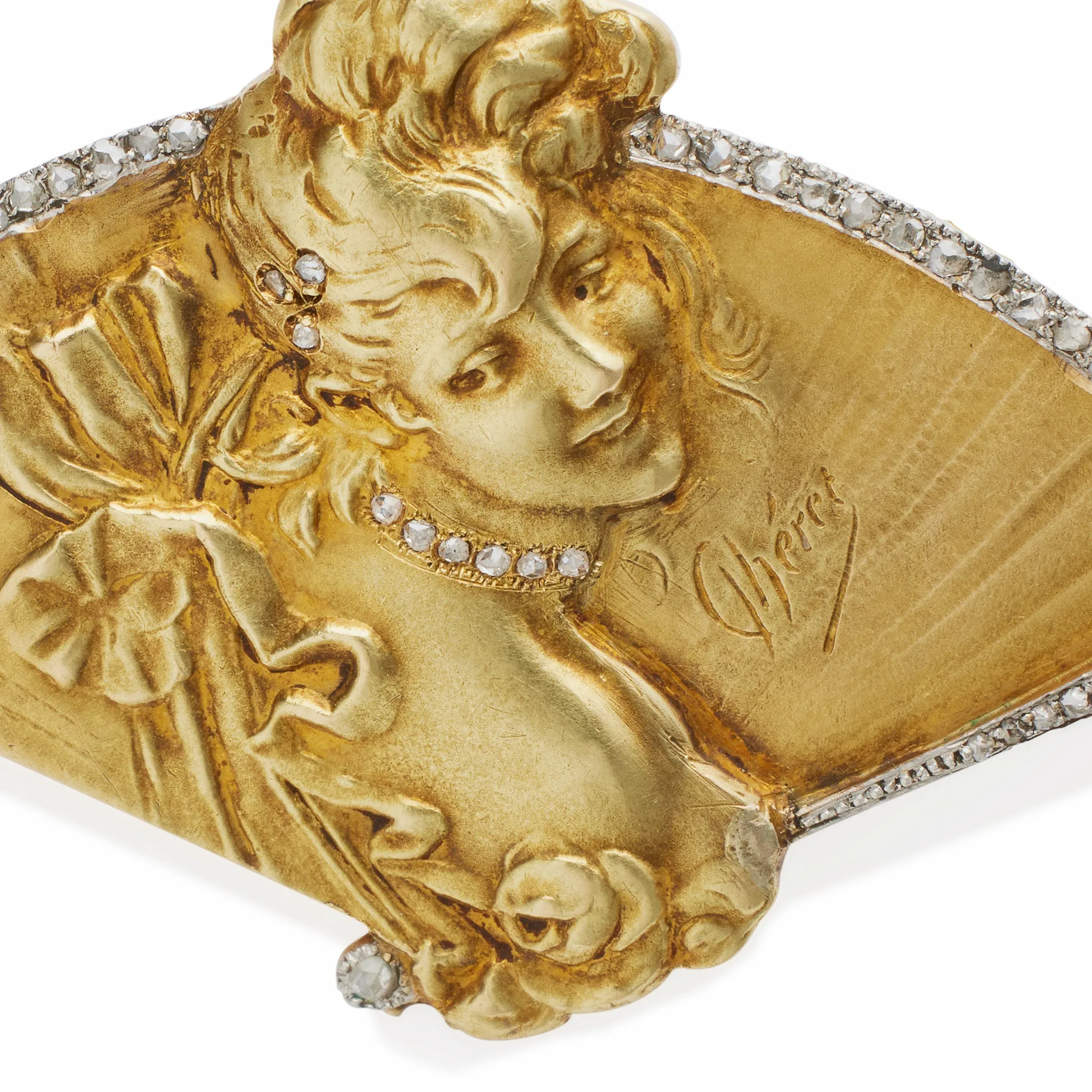 Jules Ch??ret Art Nouveau 18K Gold and Rose-cut Diamond Brooch