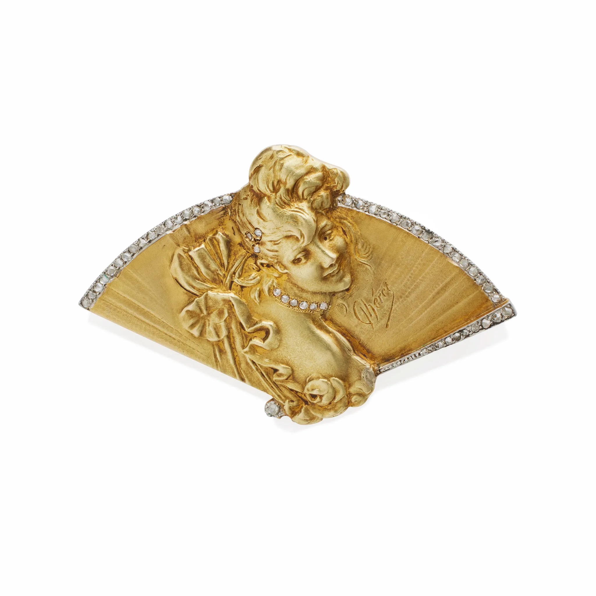 Jules Ch??ret Art Nouveau 18K Gold and Rose-cut Diamond Brooch