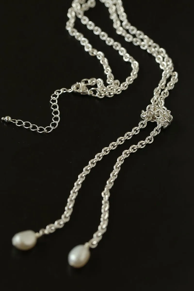 Knotted Pearl Silver Chain Necklace