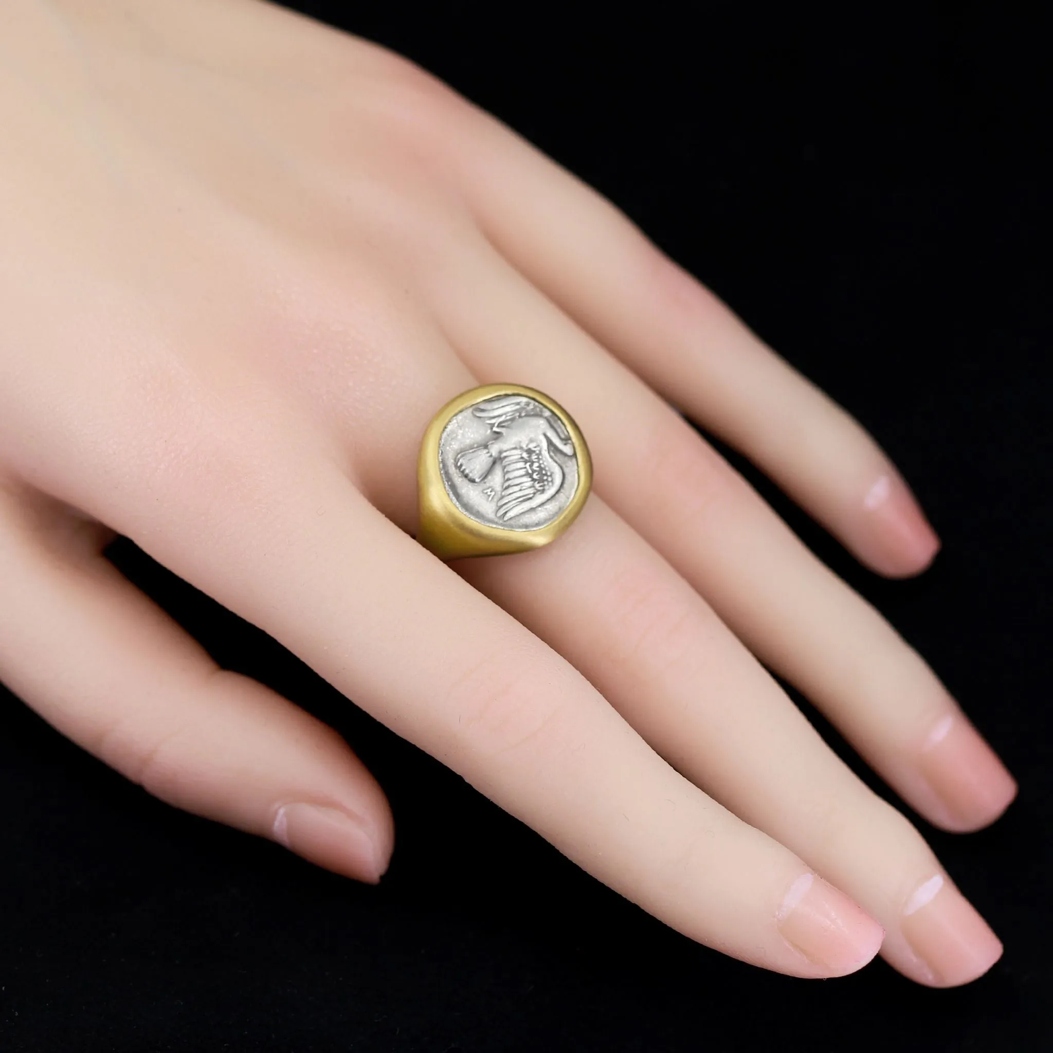 Lola Brooks Ancient Greek Dove Silver Coin Yellow Gold One of a Kind Ring