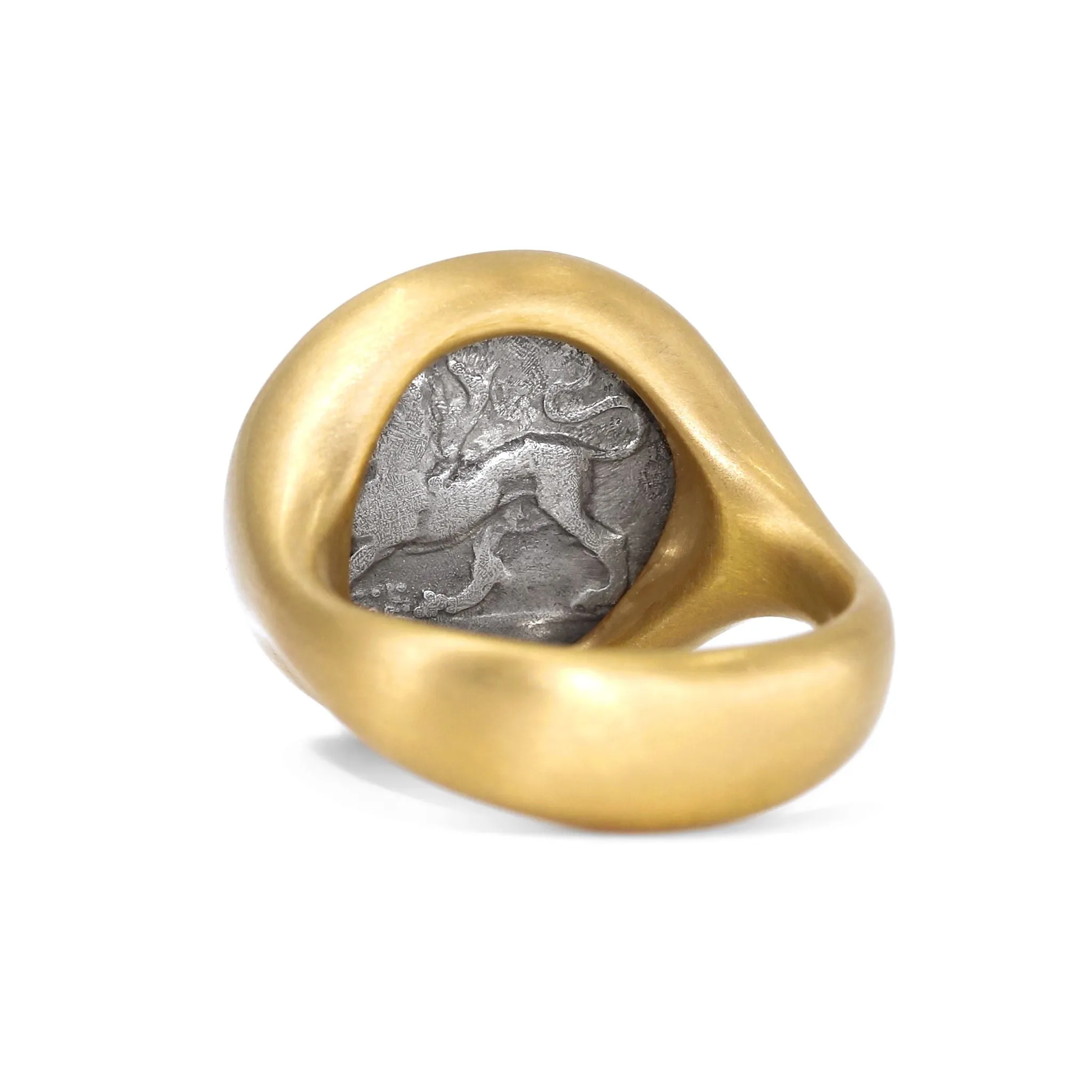 Lola Brooks Ancient Greek Dove Silver Coin Yellow Gold One of a Kind Ring