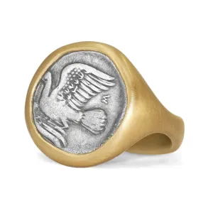 Lola Brooks Ancient Greek Dove Silver Coin Yellow Gold One of a Kind Ring