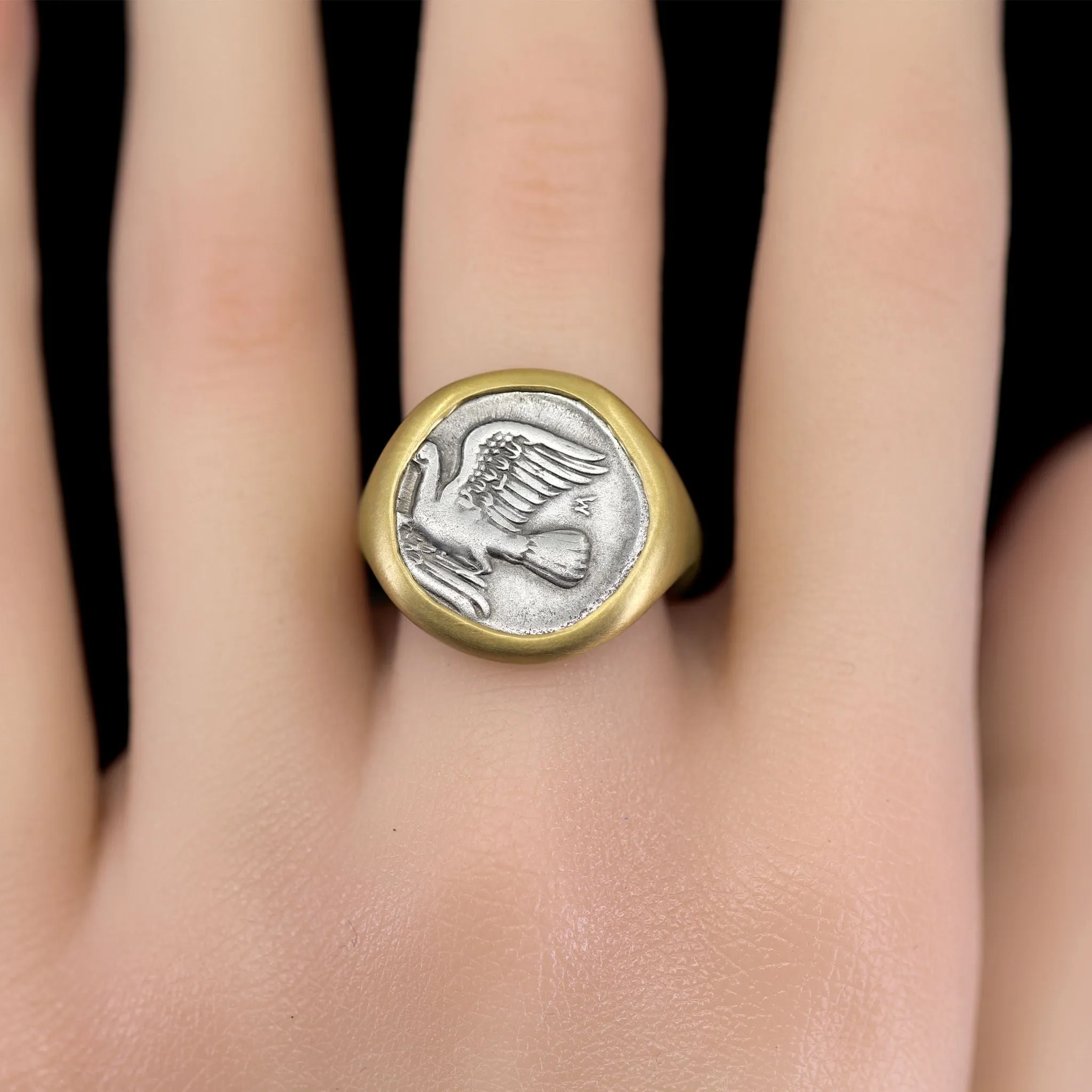 Lola Brooks Ancient Greek Dove Silver Coin Yellow Gold One of a Kind Ring