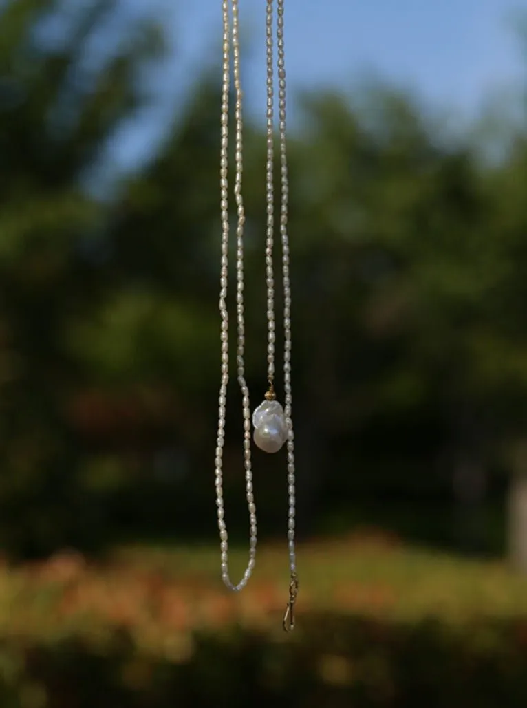 Long Baroque Pearl Pendant Necklace with Rice Pearls