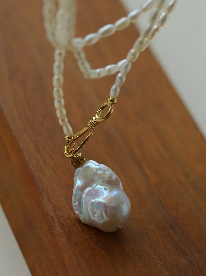 Long Baroque Pearl Pendant Necklace with Rice Pearls