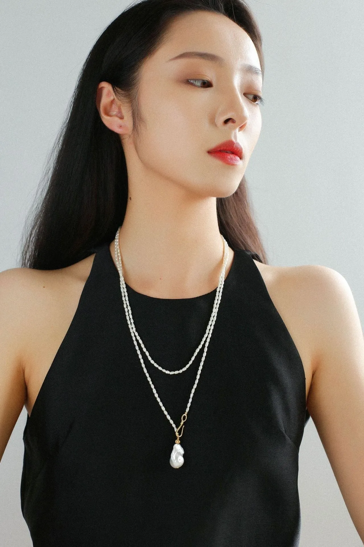 Long Baroque Pearl Pendant Necklace with Rice Pearls