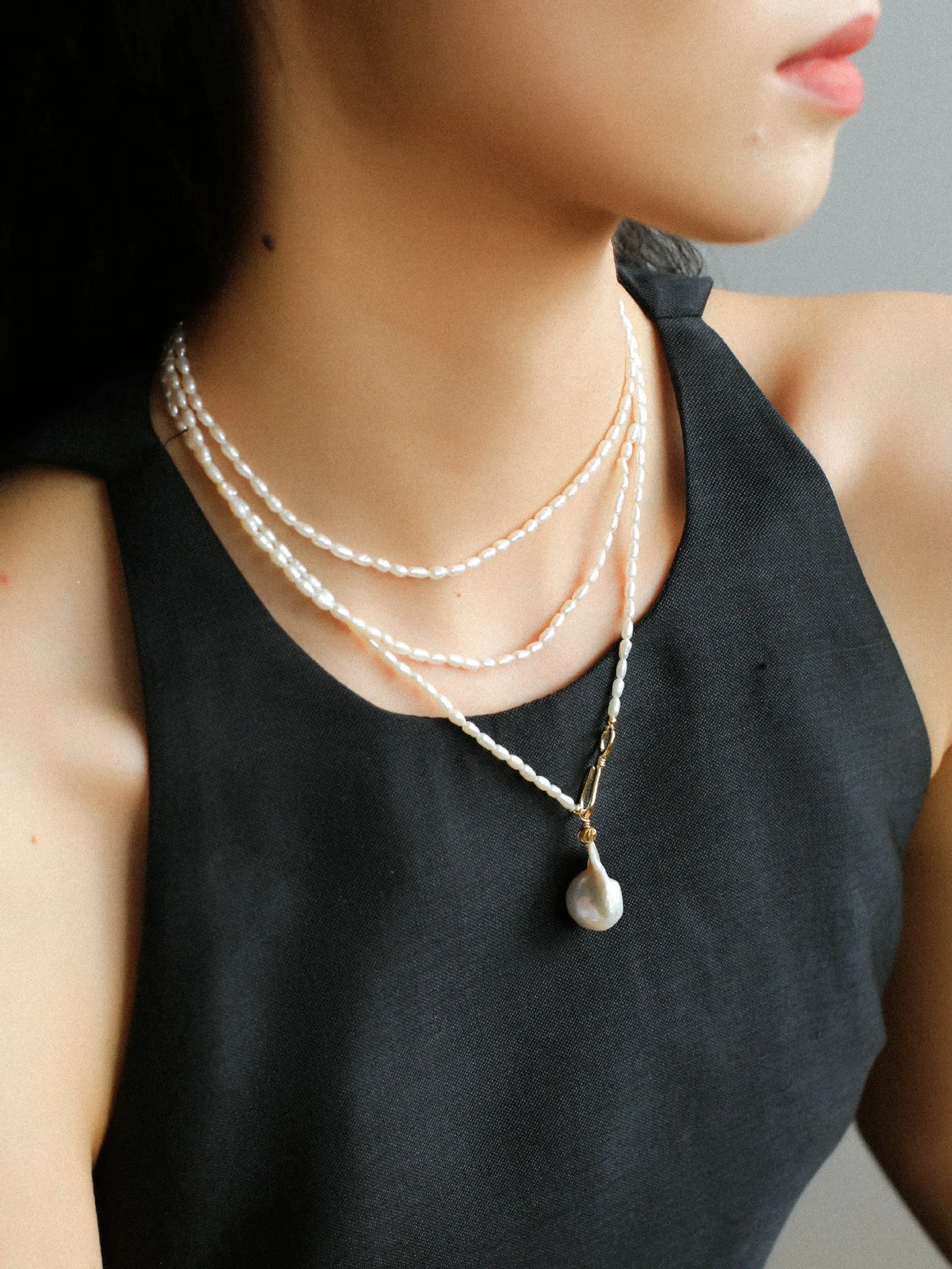 Long Baroque Pearl Pendant Necklace with Rice Pearls