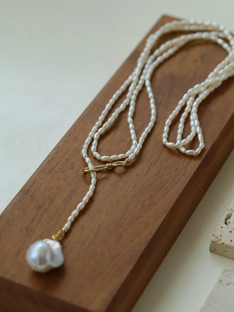 Long Baroque Pearl Pendant Necklace with Rice Pearls
