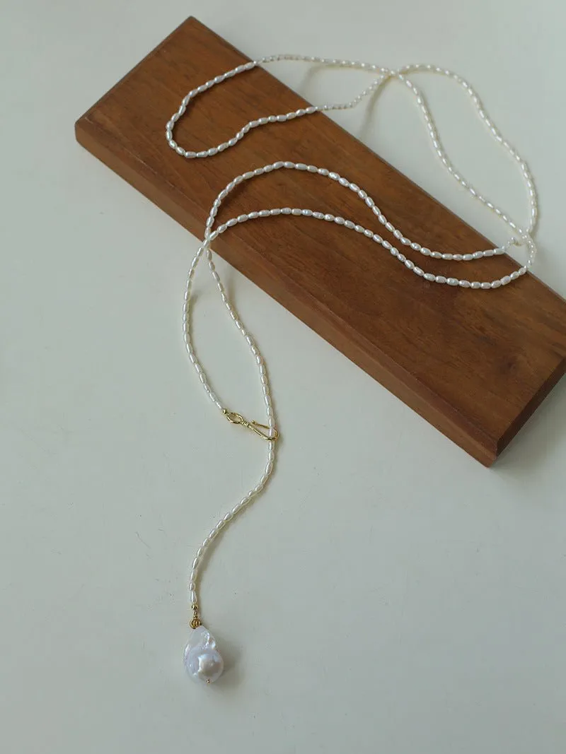 Long Baroque Pearl Pendant Necklace with Rice Pearls