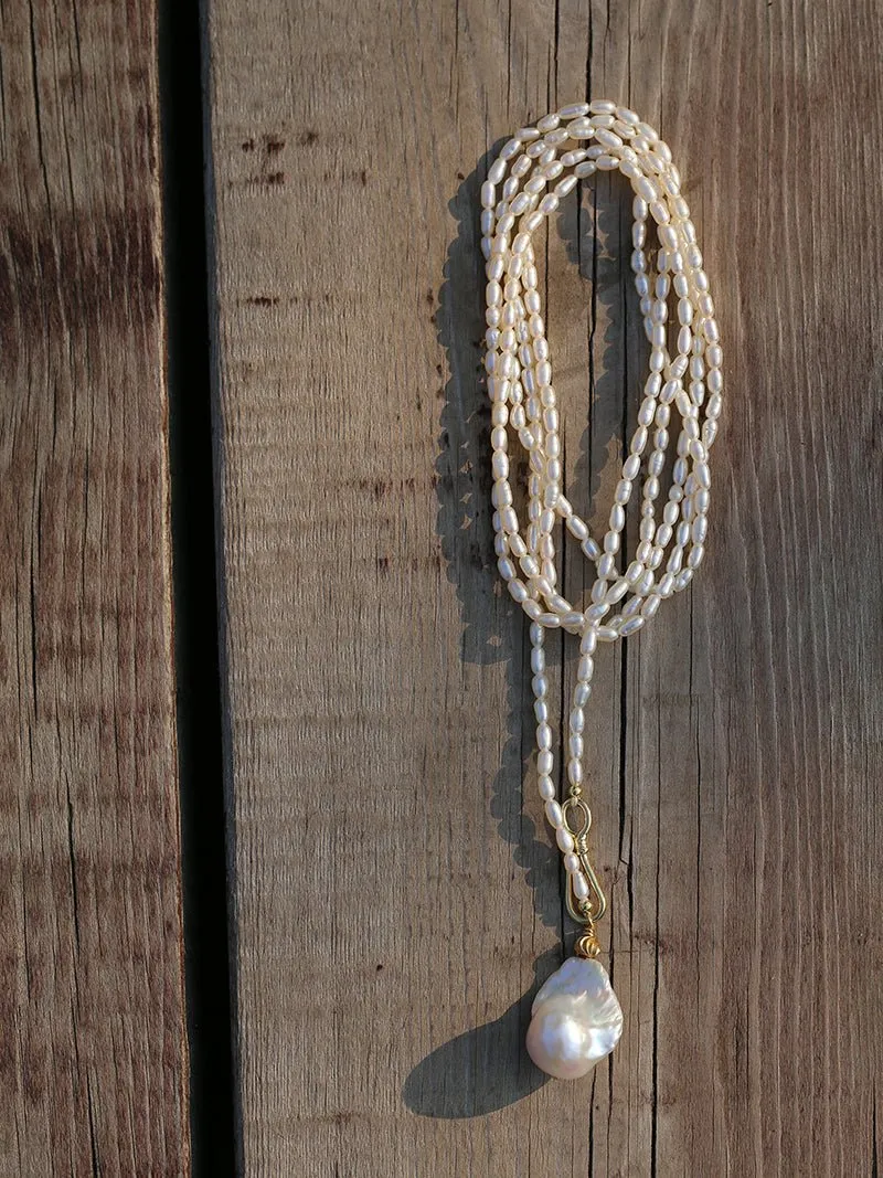 Long Baroque Pearl Pendant Necklace with Rice Pearls