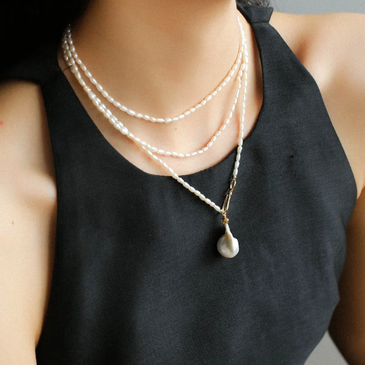 Long Baroque Pearl Pendant Necklace with Rice Pearls