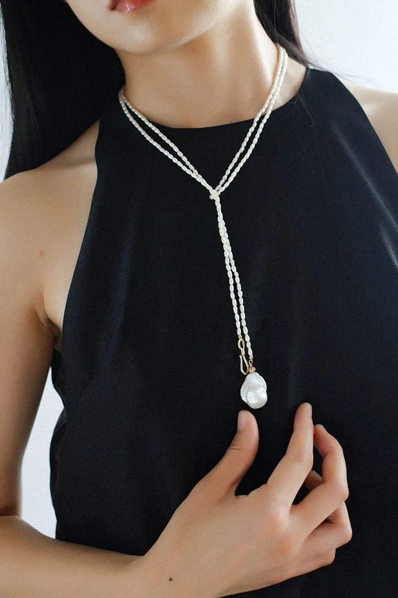 Long Baroque Pearl Pendant Necklace with Rice Pearls