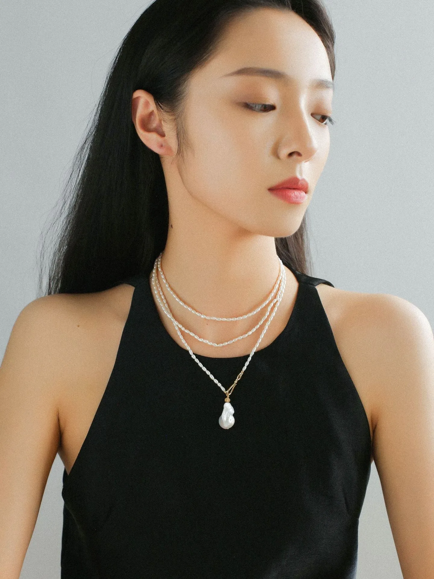 Long Baroque Pearl Pendant Necklace with Rice Pearls