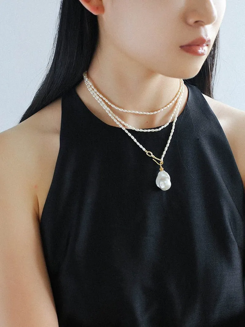 Long Baroque Pearl Pendant Necklace with Rice Pearls