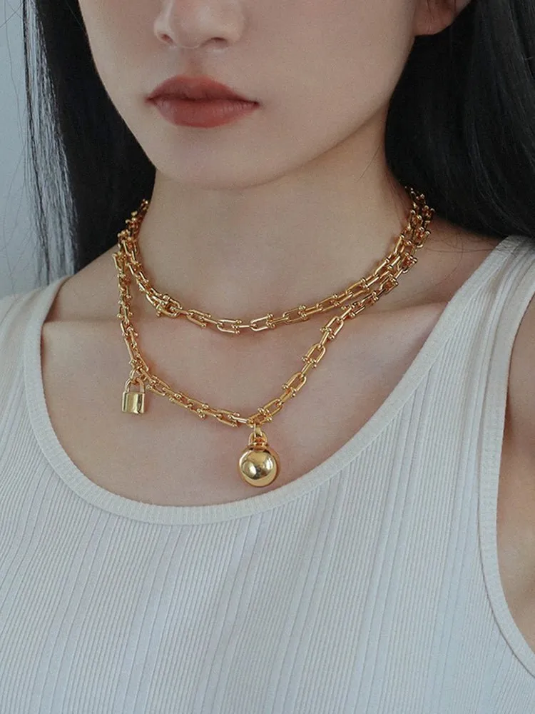 Long U-shaped Thick Chain Necklace with Ball Pendant
