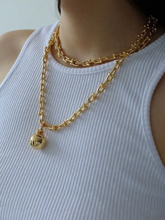 Long U-shaped Thick Chain Necklace with Ball Pendant
