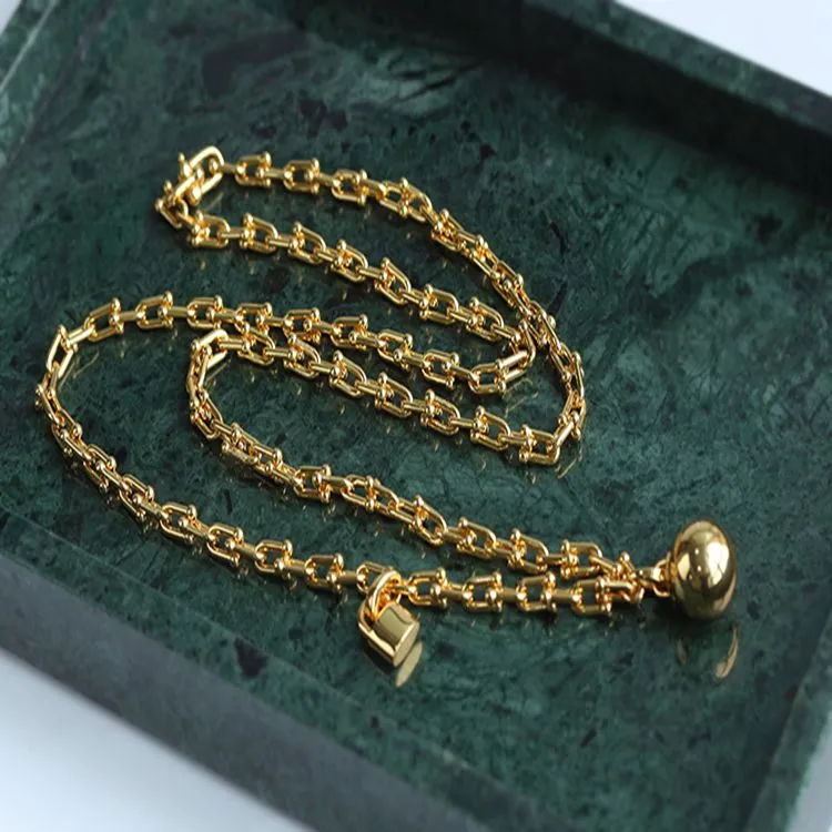 Long U-shaped Thick Chain Necklace with Ball Pendant