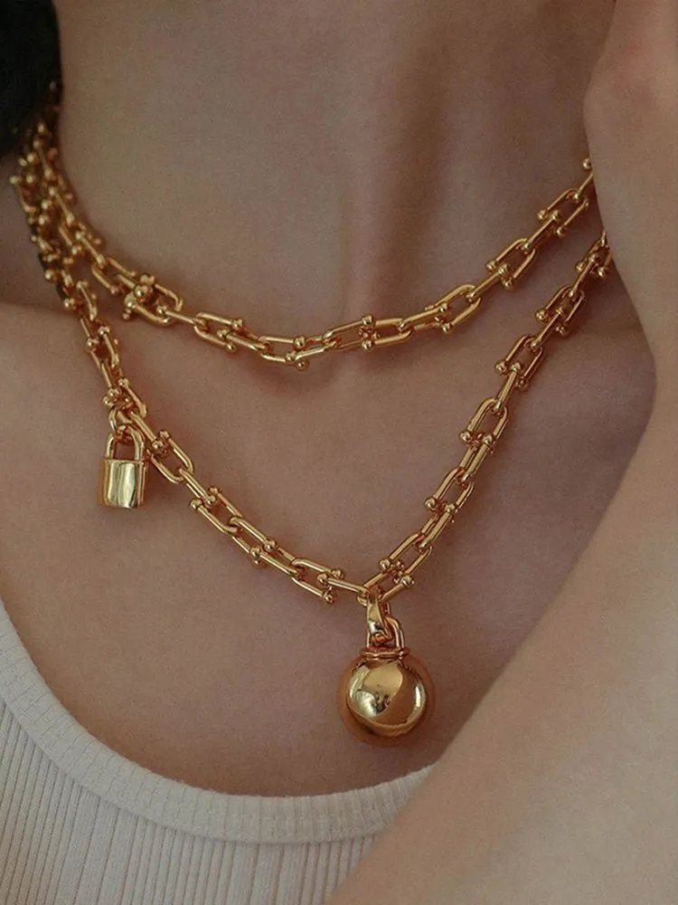 Long U-shaped Thick Chain Necklace with Ball Pendant