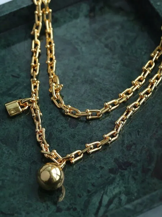 Long U-shaped Thick Chain Necklace with Ball Pendant