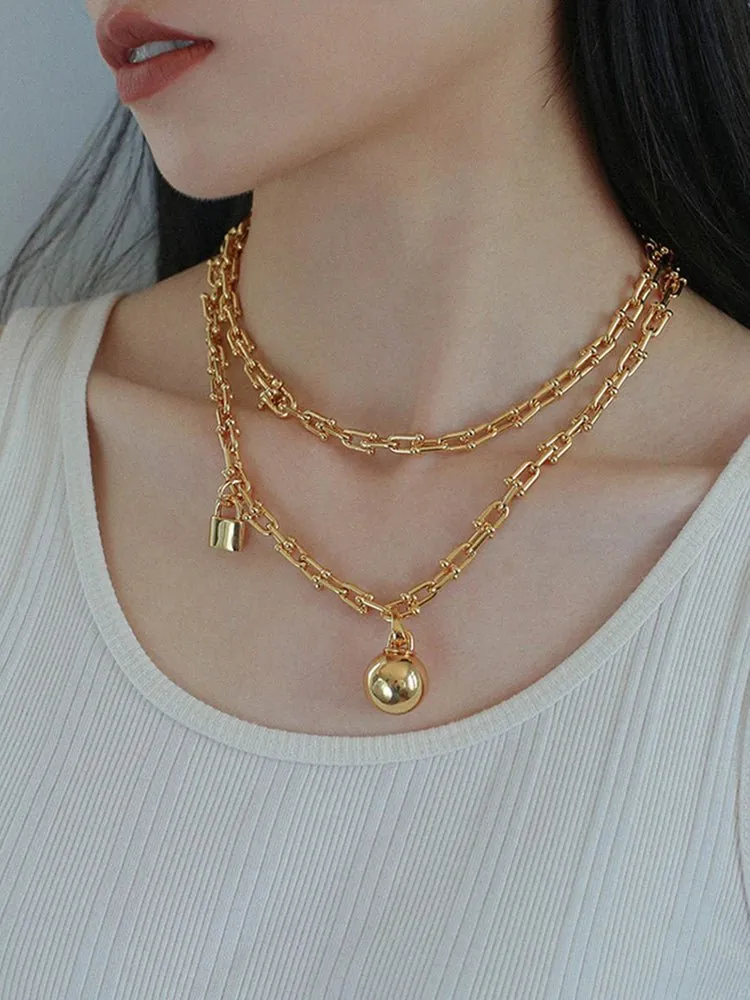 Long U-shaped Thick Chain Necklace with Ball Pendant