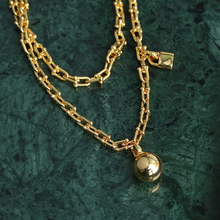 Long U-shaped Thick Chain Necklace with Ball Pendant