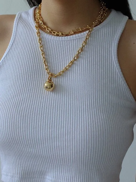Long U-shaped Thick Chain Necklace with Ball Pendant