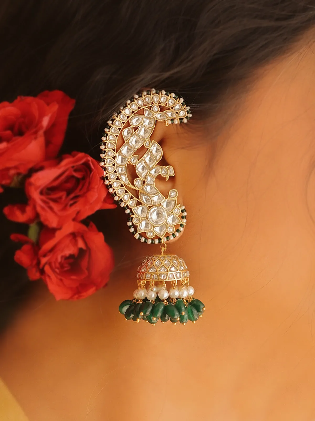 Madhuri Green Color Gold Plated Jadau Kundan Earrings - ME1180