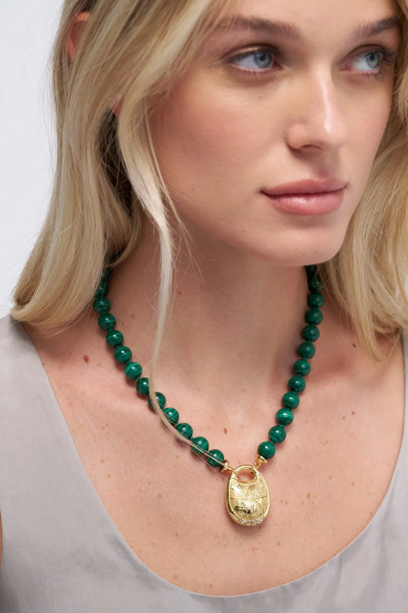 Malachite Beads, Yellow Gold