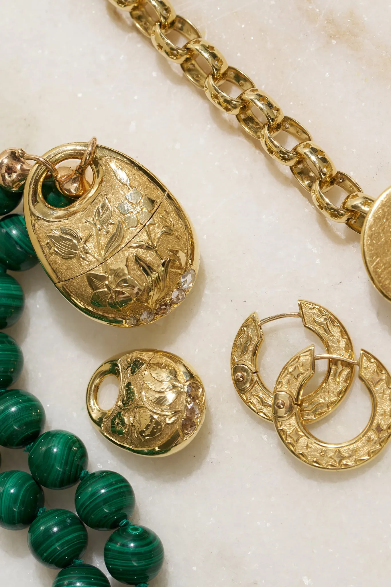 Malachite Beads, Yellow Gold