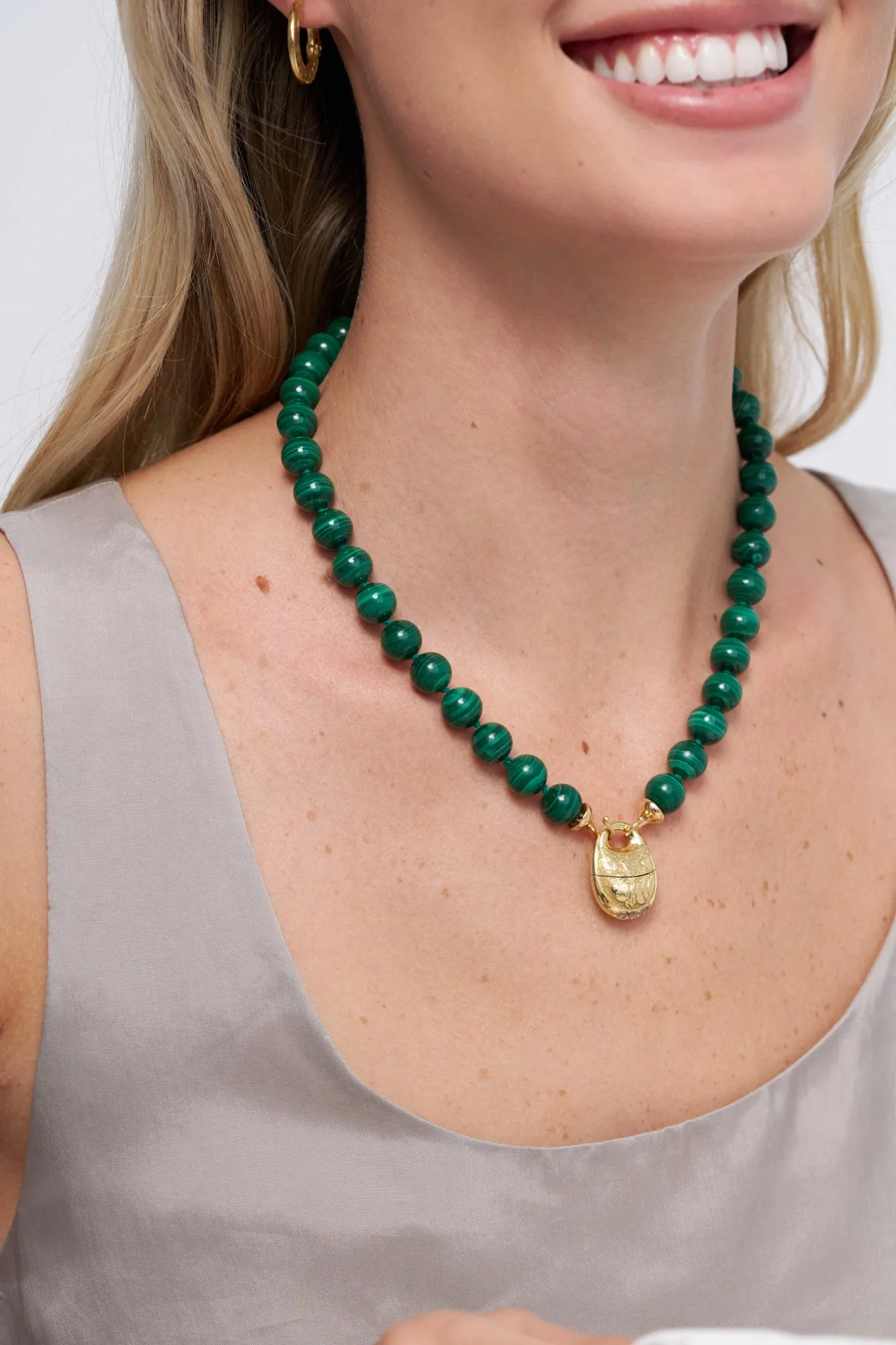 Malachite Beads, Yellow Gold
