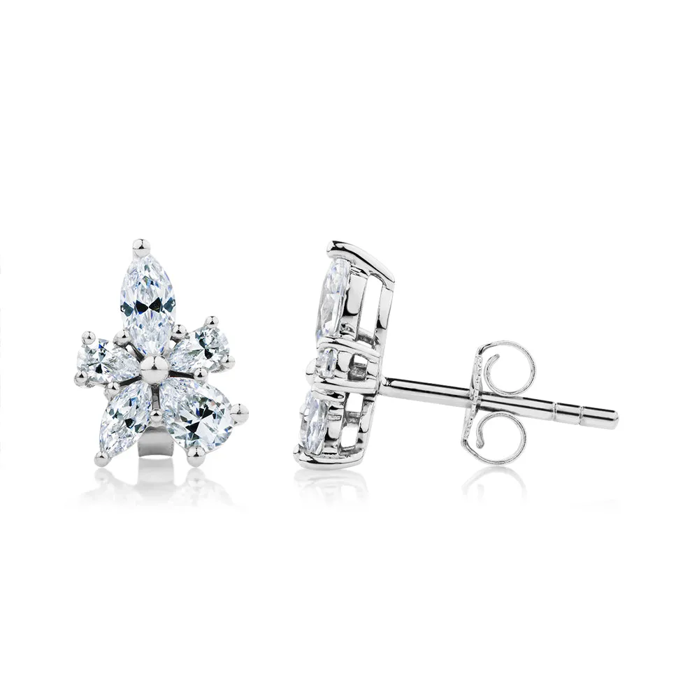 Marquise and Pear stud earrings with 1.42 carats* of diamond simulants in 10 carat white gold