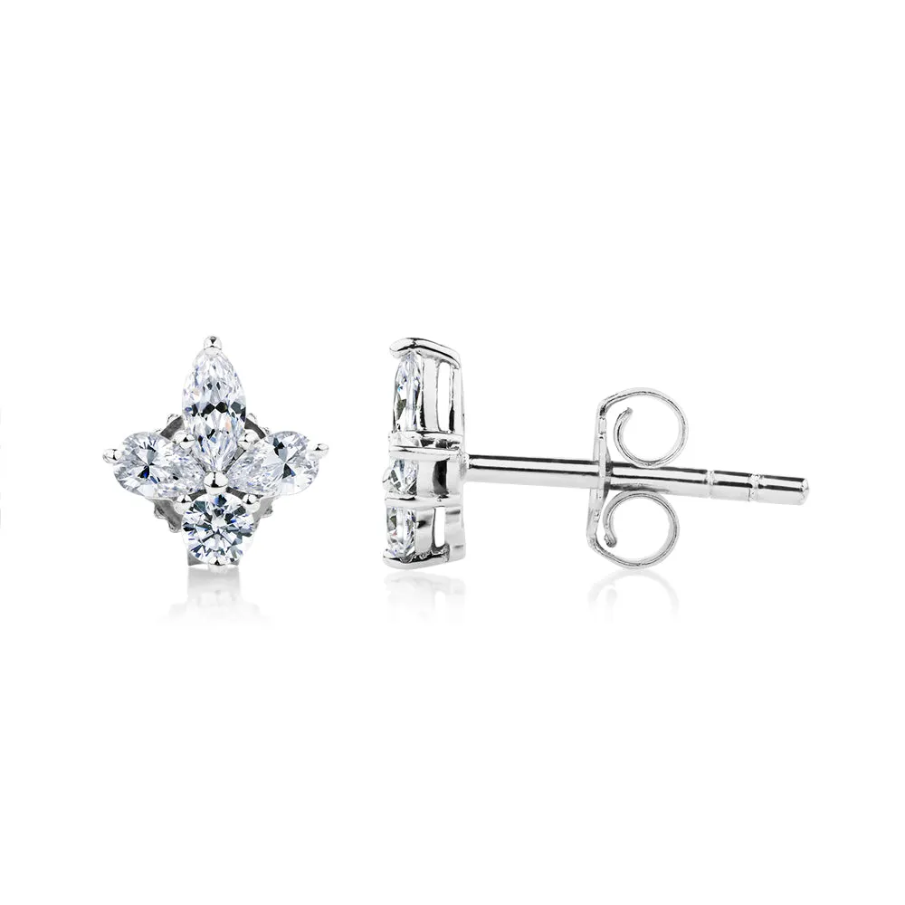 Marquise, Pear and Round Brilliant stud earrings with 0.8 carats* of diamond simulants in 10 carat white gold