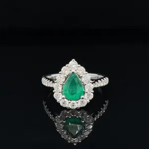 Pear Emerald & Diamond Halo Cluster Engagement Anniversary Ring in 18k White Gold - #551 - RGEME065337