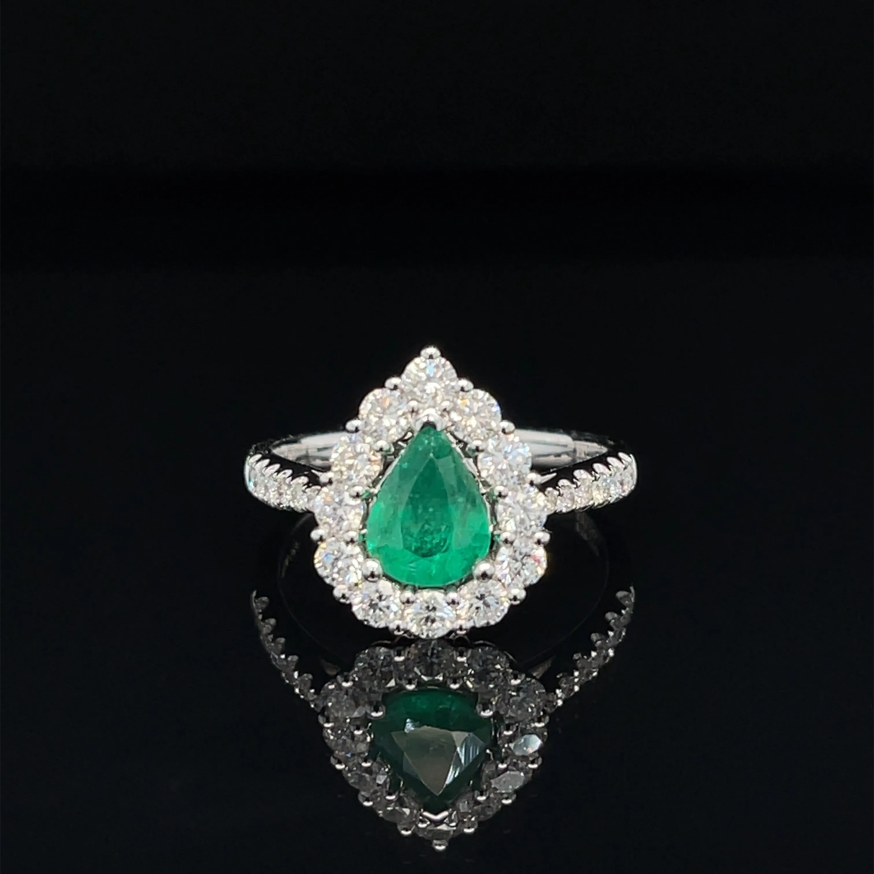 Pear Emerald & Diamond Halo Cluster Engagement Anniversary Ring in 18k White Gold - #551 - RGEME065337