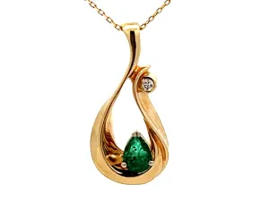 Pear Shaped Emerald and Diamond Necklace 14K Yellow Gold