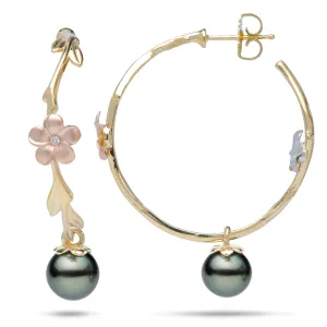 Pearls in Bloom Plumeria Tahitian Black Pearl Earrings in Tri Color Gold with Diamonds - 33mm