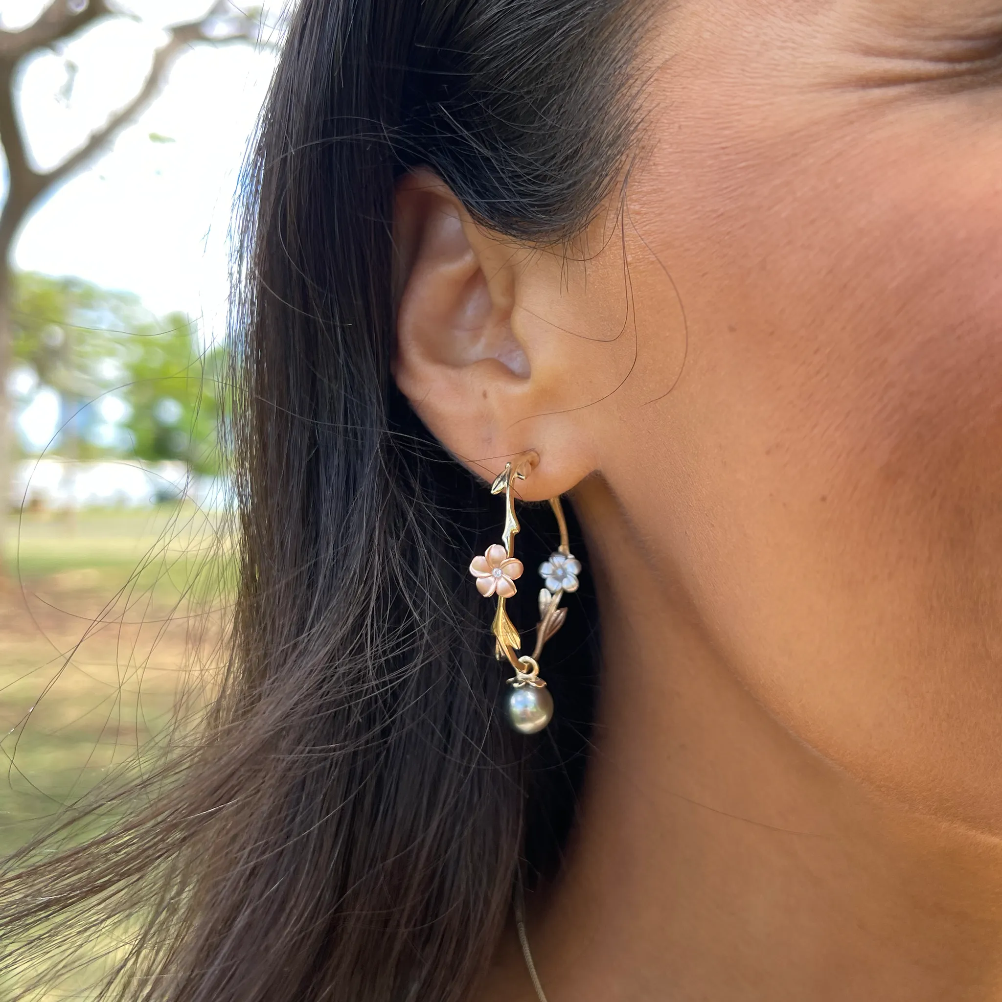 Pearls in Bloom Plumeria Tahitian Black Pearl Earrings in Tri Color Gold with Diamonds - 33mm