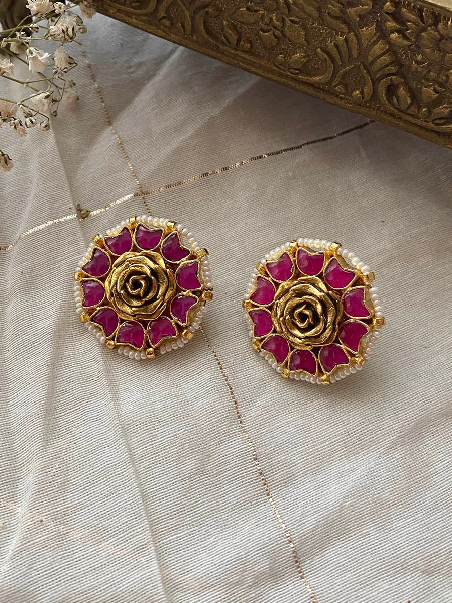 Pink Color Gold Plated Jadau Kundan Earrings - ME821P