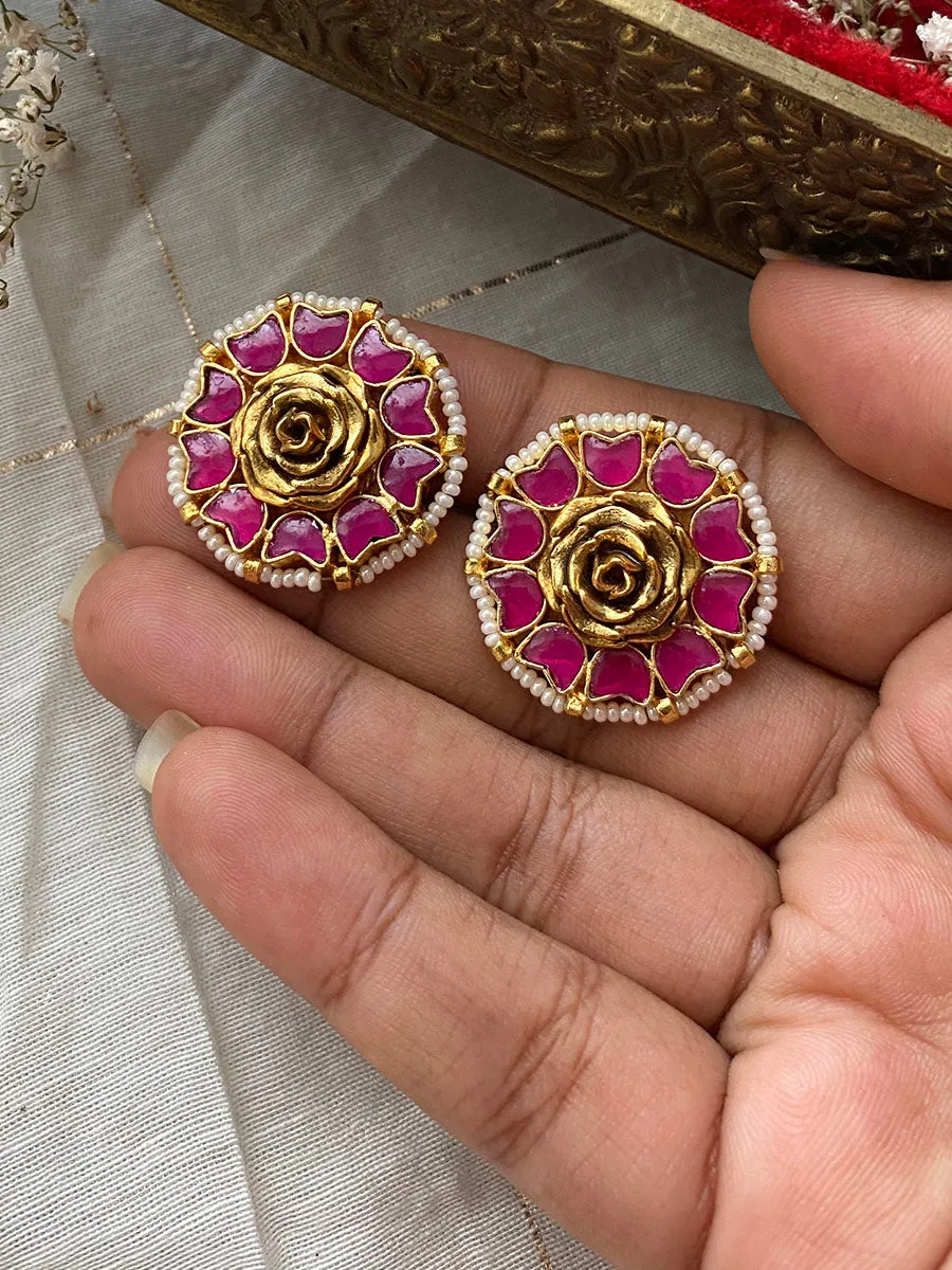 Pink Color Gold Plated Jadau Kundan Earrings - ME821P