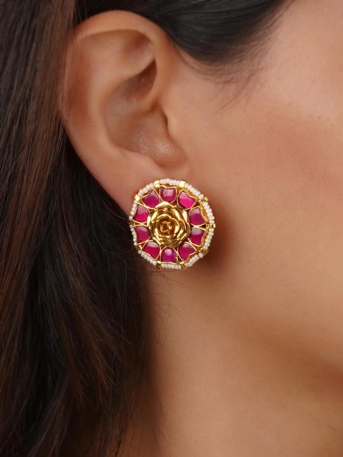 Pink Color Gold Plated Jadau Kundan Earrings - ME821P