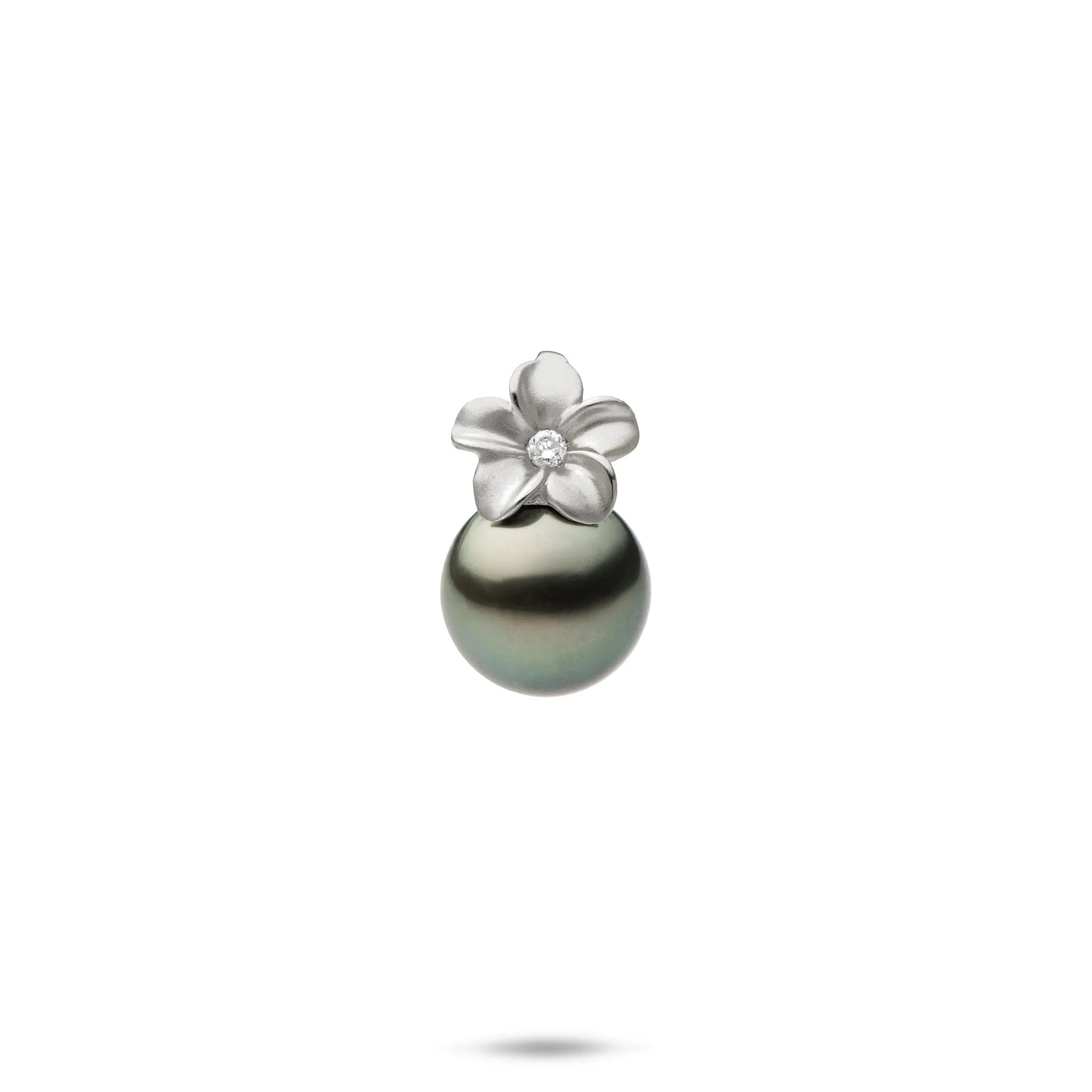 Plumeria Tahitian Black Pearl Pendant in White Gold with Diamond - 9mm