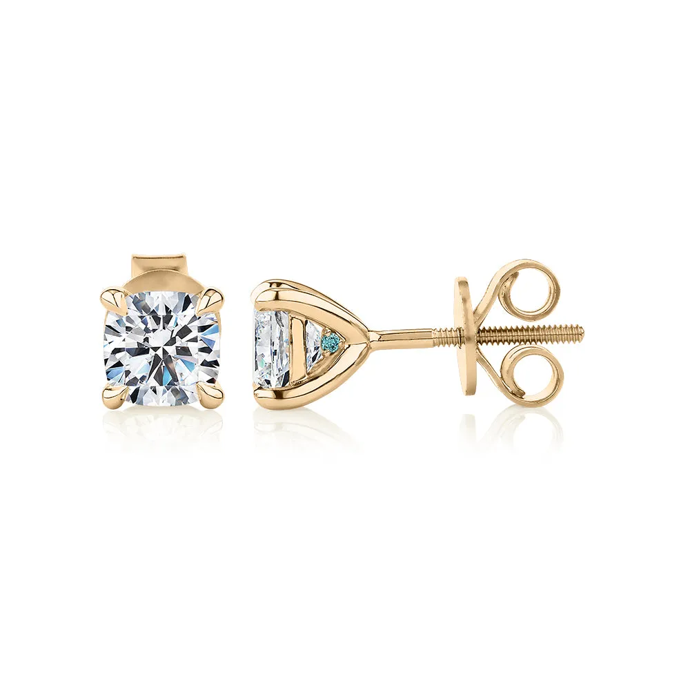 Premium Certified Lab-Grown Diamond, 1.40 carat TW cushion stud earrings in 14 carat yellow gold