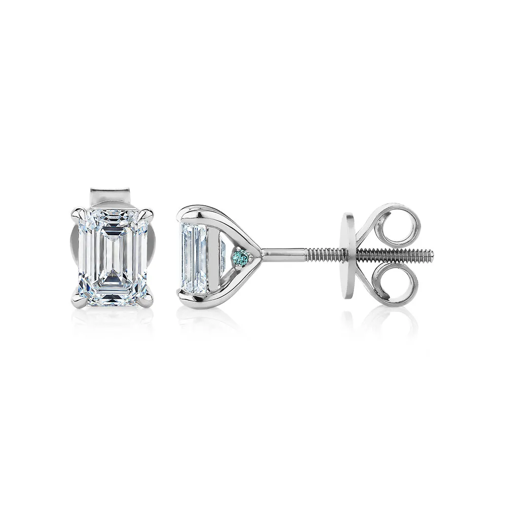 Premium Certified Lab-Grown Diamond, 1.40 carat TW emerald cut stud earrings in 14 carat white gold