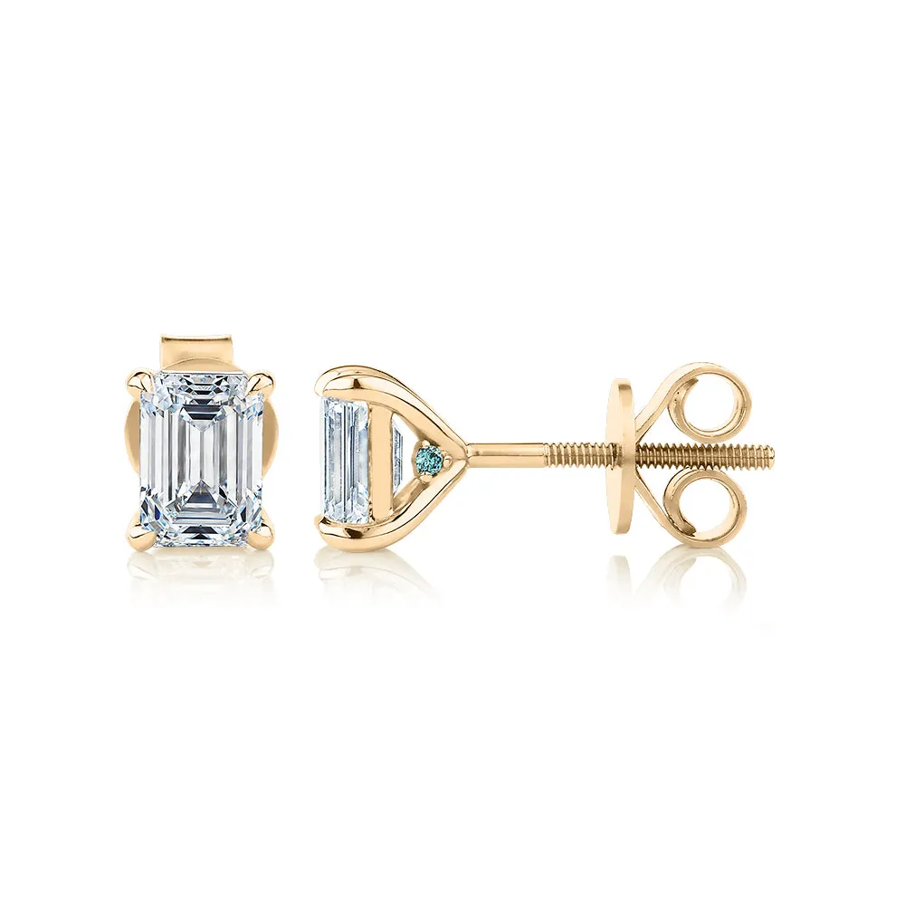 Premium Certified Lab-Grown Diamond, 1.40 carat TW emerald cut stud earrings in 18 carat yellow gold