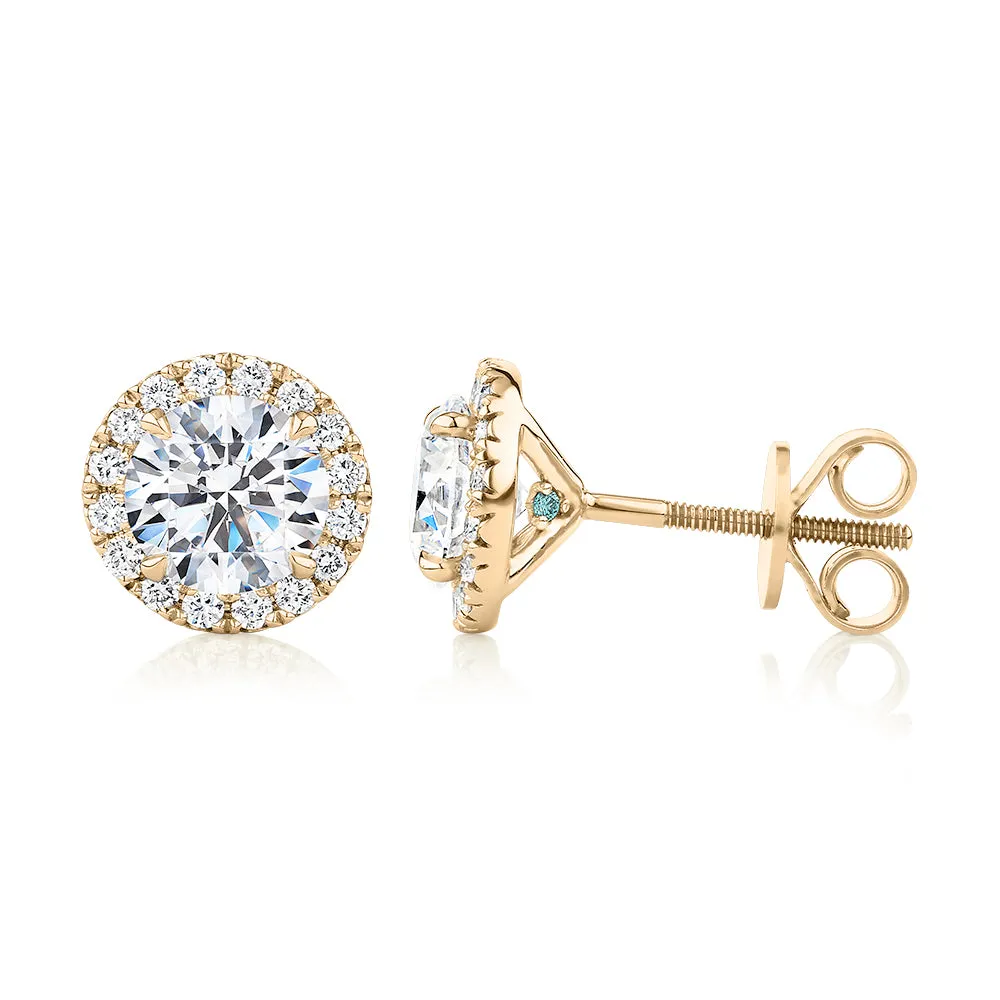 Premium Certified Lab-Grown Diamond, 2.35 carat TW round brilliant halo earrings in 14 carat yellow gold