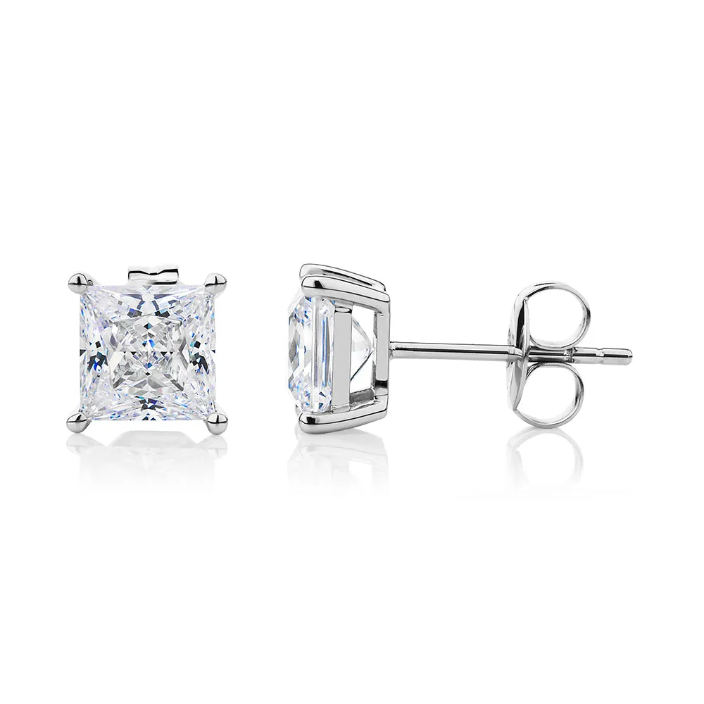 Princess cut stud earrings with 2.48 carats* of diamond simulants in 10 carat white gold